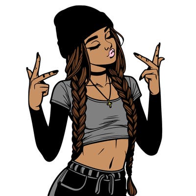 realistic teenage girl with braids and a beanie and crop top doing 🫶🏼