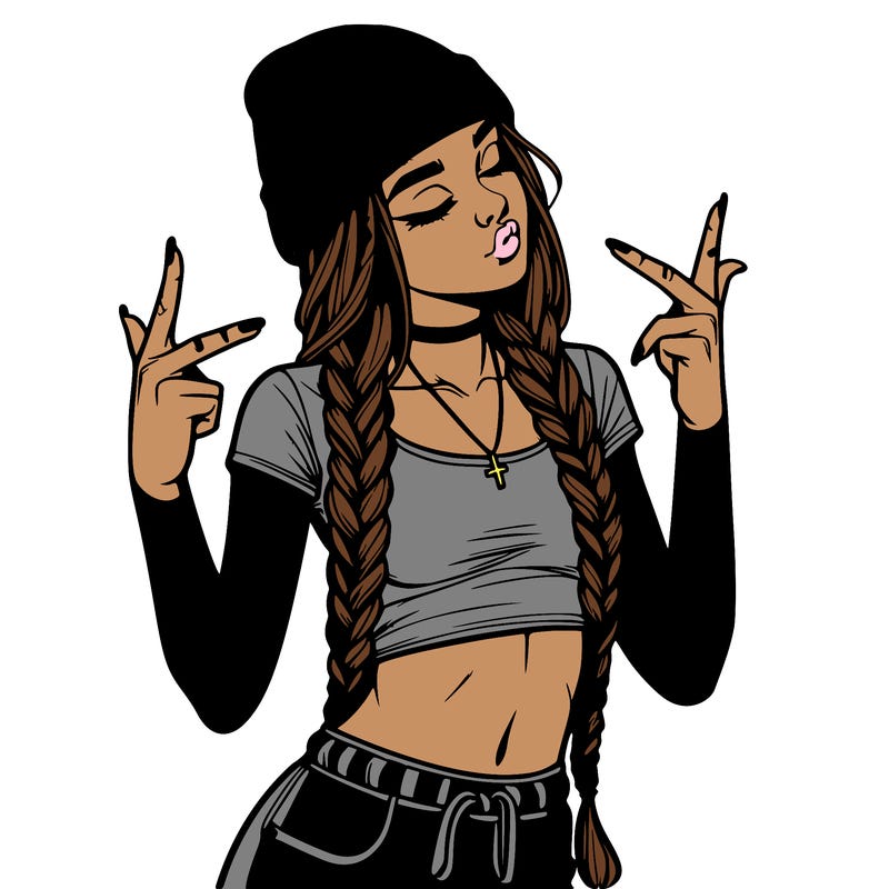 realistic teenage girl with braids and a beanie and crop top doing 🫶🏼