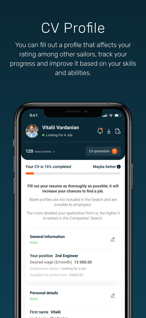 Maritime Zone: Seafarer Jobs - A seafarer CV profile screen in the Maritime Zone app showing profile analytics and job search status for a 2nd Engineer.