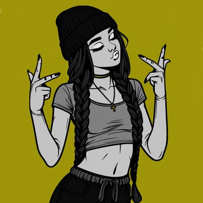 realistic teenage girl with braids and a beanie and crop top doing 🫶🏼