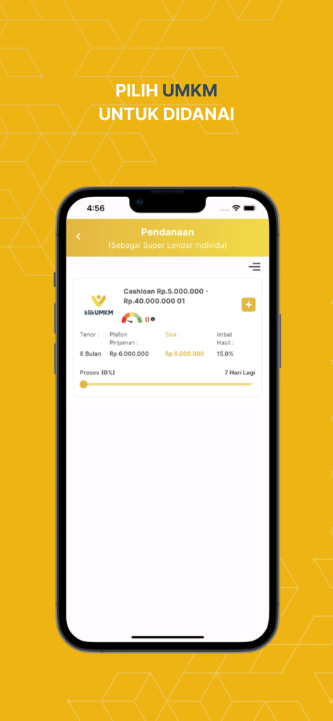 A mobile interface for individual lenders to select MSME funding opportunities on the KlikUMKM app.