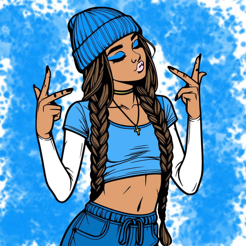 realistic teenage girl with braids and a beanie and crop top doing 🫶🏼