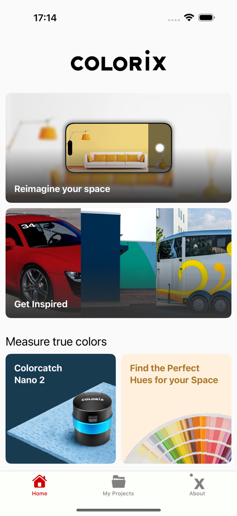 CAL Select 앱 홈 화면, 전문가 디자이너를 위한 색상 시각화 및 측정 도구 표시
