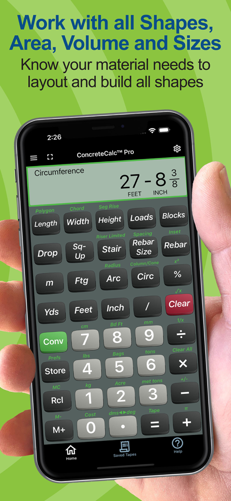Concrete Calc Pro app interface on a smartphone calculating circumference in feet and inches