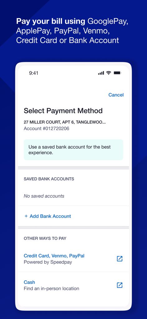 A mobile screen from the National Grid app displaying multiple payment options including bank account and digital wallets.