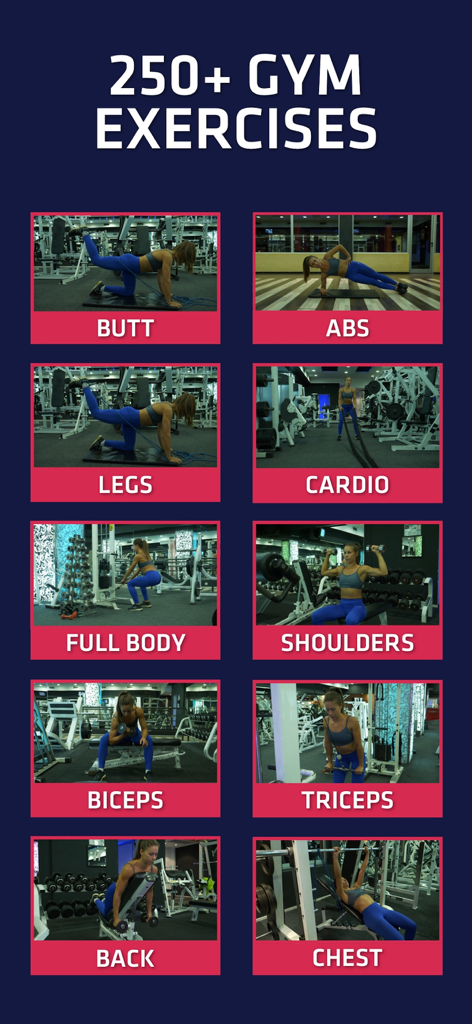 A collection of gym exercise categories for women including butt abs and legs