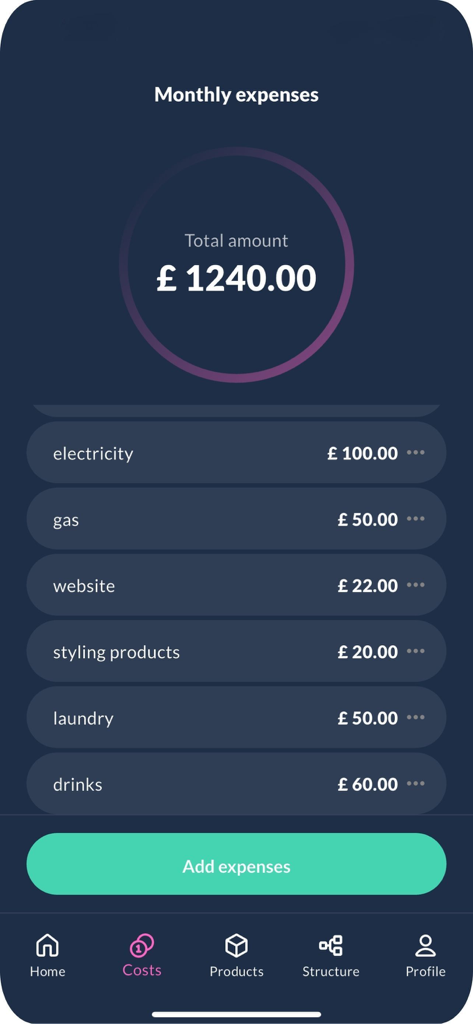 Uma captura de tela do rastreador de despesas mensais no aplicativo The Freelance Suite mostrando um detalhamento dos custos do negócio.