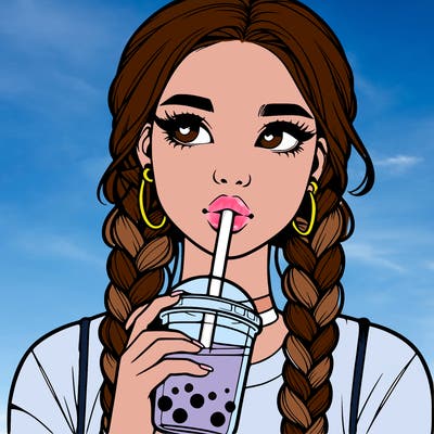 realistic girl with braided hair drinking boba