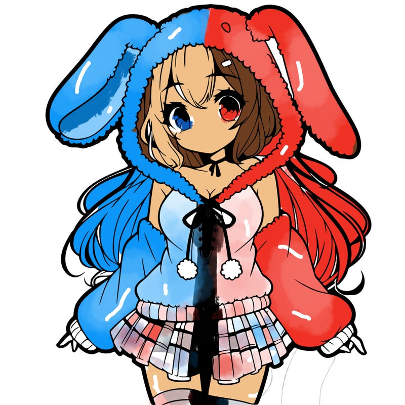 pretty anime girl wearing a fluffy hoodie with bunny ears on the hood and a skirt