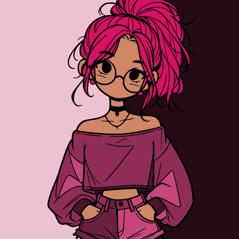 girl with a messy ponytail glasses a baggy crop top and jean shorts