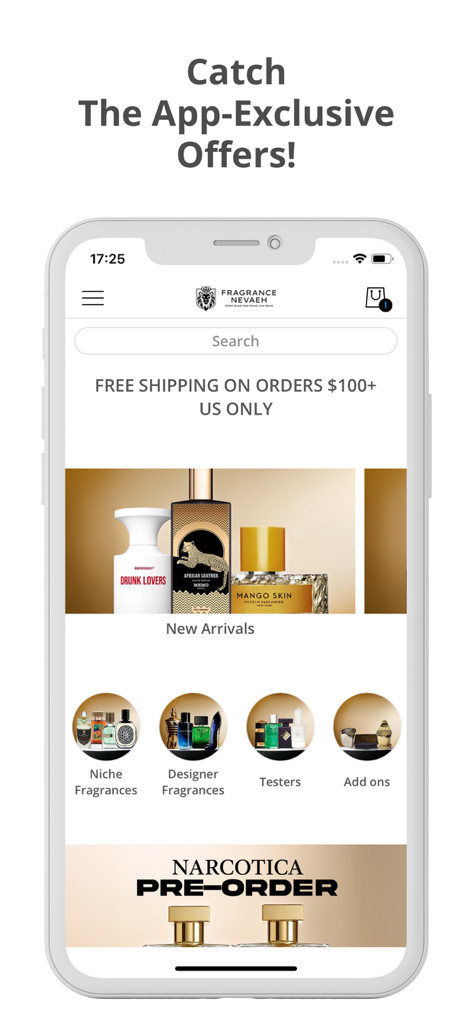 Fragrance Nevaeh - Fragrance Nevaeh mobile app home screen showcasing new arrivals and fragrance categories like niche and designer perfumes