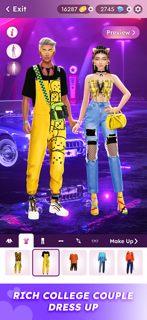 Teenager Fashion Dress Up Game - Un chico y una chica elegantes con atuendos amarillos de moda en un juego de vestir de moda con temática universitaria.