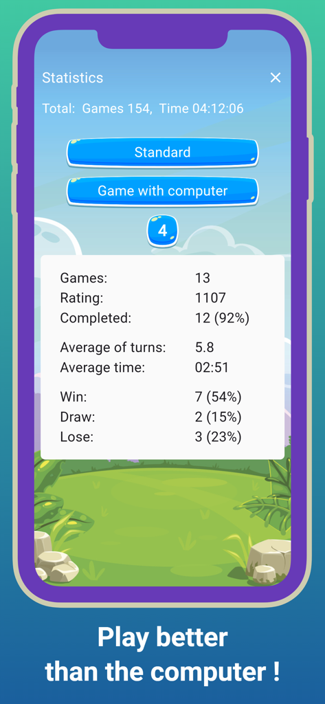 Bulls & Cows - Mastermind - Statistics screen of Bulls and Cows Mastermind game showing player performance against the computer