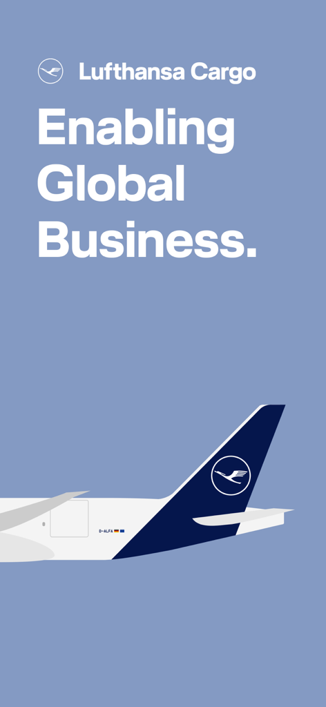 Lufthansa Cargo app splash screen featuring the company logo and the slogan Enabling Global Business