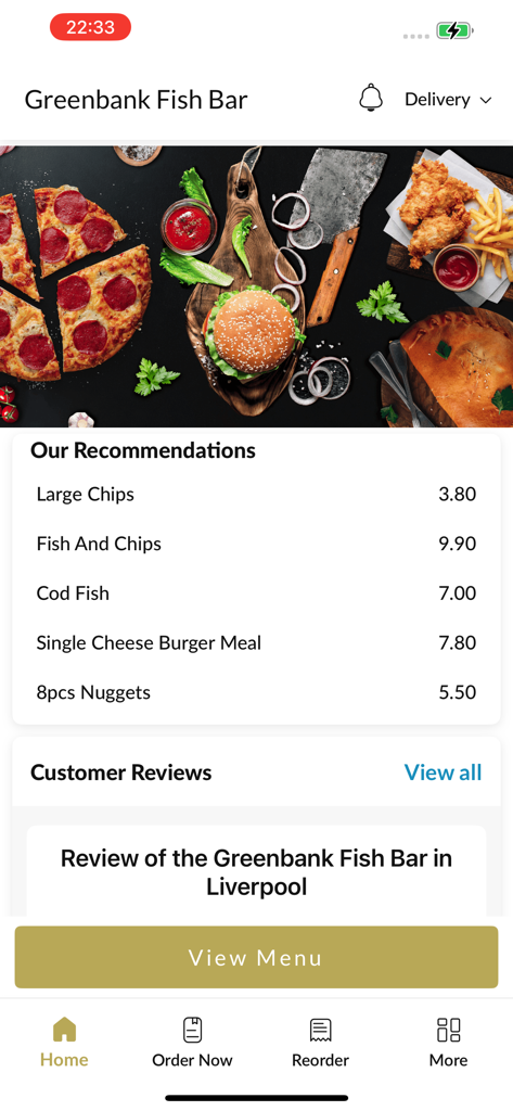 Home screen of the Greenbank Fish Bar app showing menu recommendations and food imagery