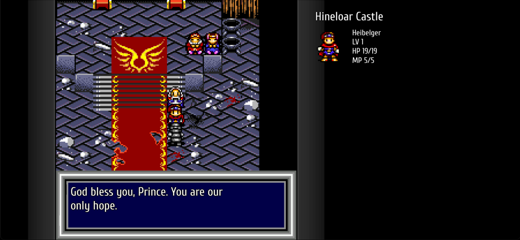 Vay - A 16-bit pixel art gameplay screenshot from Vay showing a character in Hineloar Castle with story dialogue.