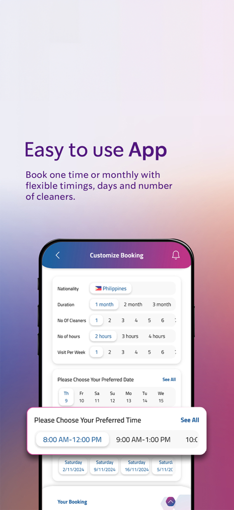 Tela do aplicativo móvel TPH Home Services mostrando opções para personalizar reservas de limpeza doméstica, incluindo frequência, número de limpadores e horários preferidos.