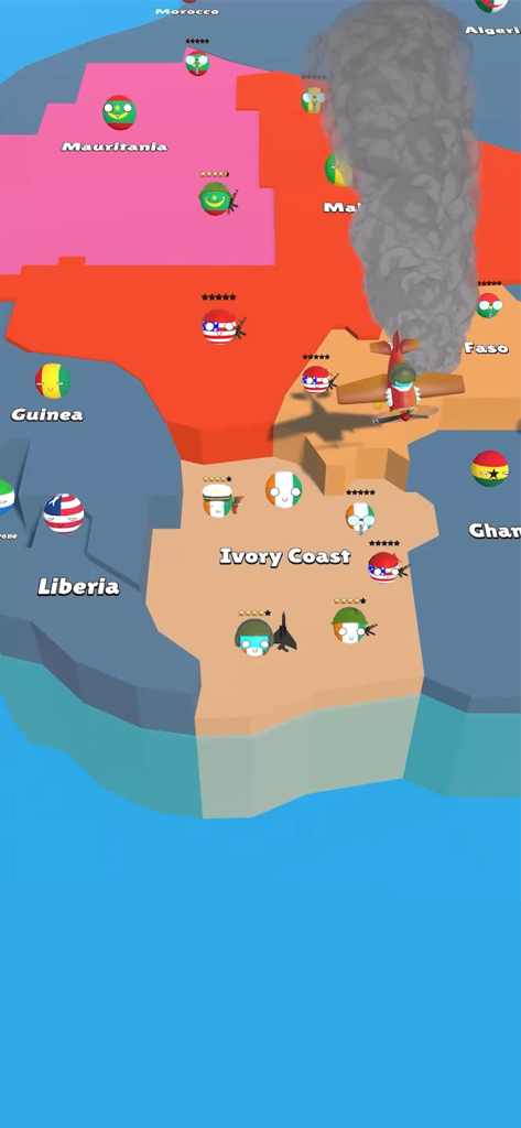 Juego de estrategia 3D que muestra personajes countryball y un avión militar sobre África en Country balls Idle War 3D