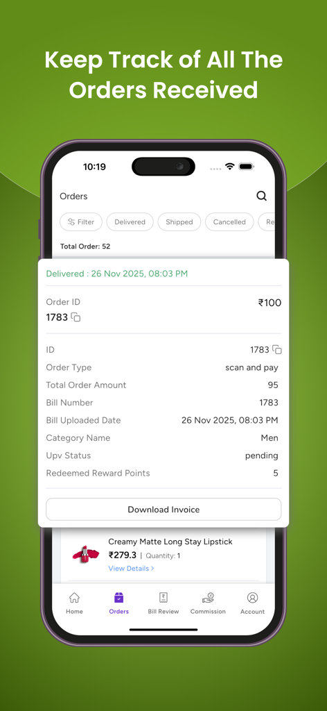 Vendor - Global Garner - Mobile screen showing the Global Garner Vendor app order management dashboard with detailed order history and invoice download options