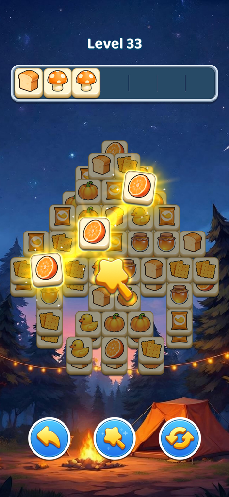 Tile Journey - Matching Puzzle - Tile matching puzzle game interface featuring a scenic night forest camping theme