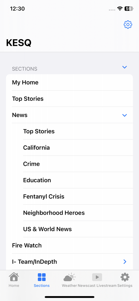 KESQ Palm Springs News app navigation screen showing news sections like Top Stories, California, Crime, and Education
