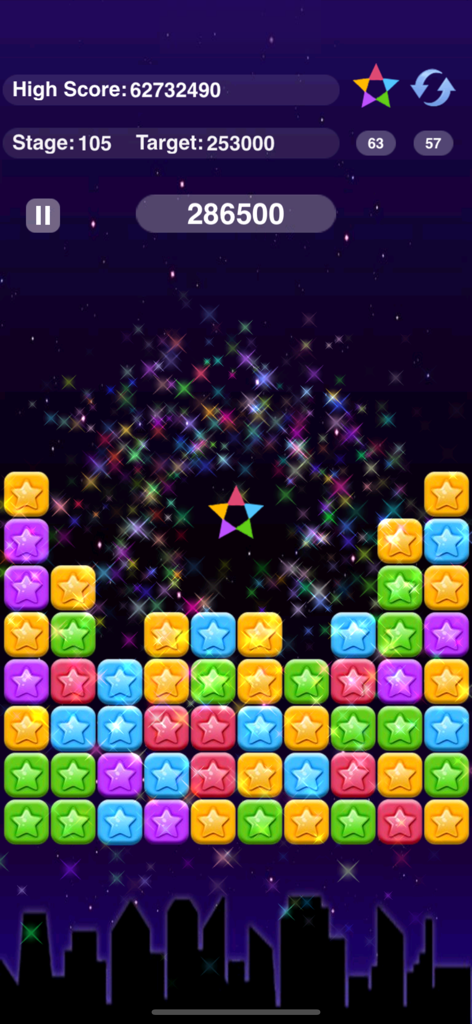 Pop Star - Block Star - Gameplay screenshot of Pop Star Block Star showing colorful star blocks and a sparkling elimination effect
