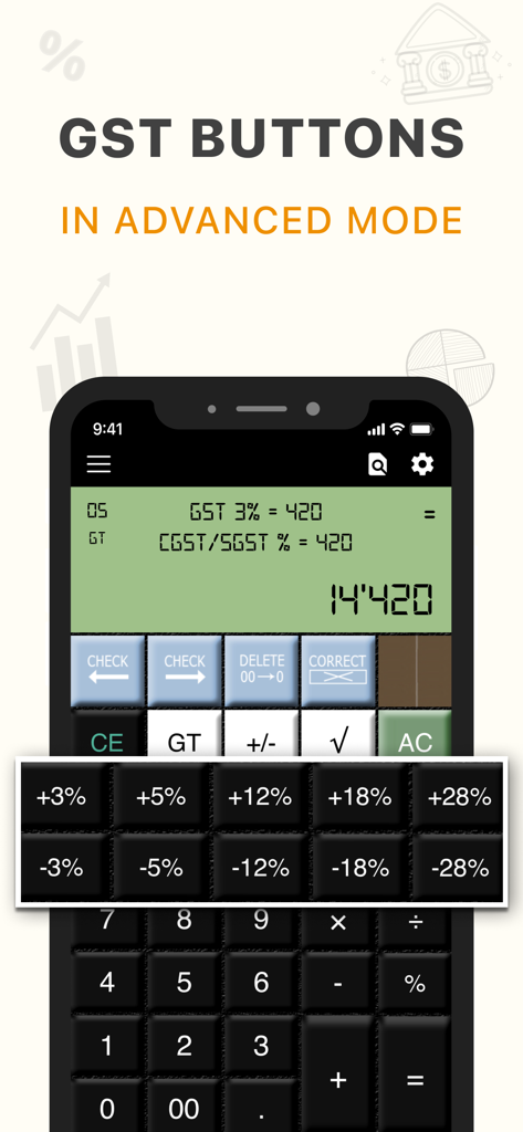 Benutzeroberfläche der Citizen Calculator App im erweiterten Modus mit speziellen Tasten für GST- und Steuerberechnungen