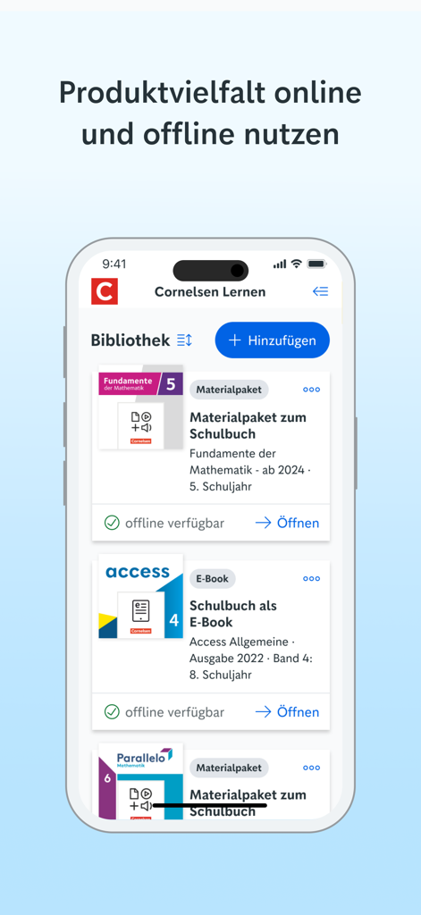 Cornelsen Lernen - Bildschirm der digitalen Bibliothek in der Cornelsen Lernen App, der Lehrbücher und Offline-Zugriffsoptionen zeigt