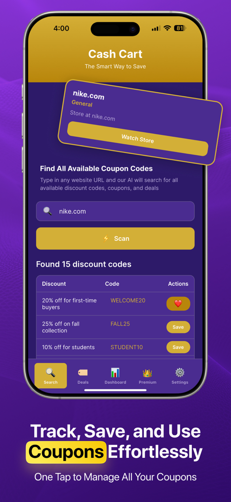 Cash Cart AI Coupon Finder - Pantalla de la aplicación Cash Cart AI buscando y mostrando códigos de descuento para una tienda en línea