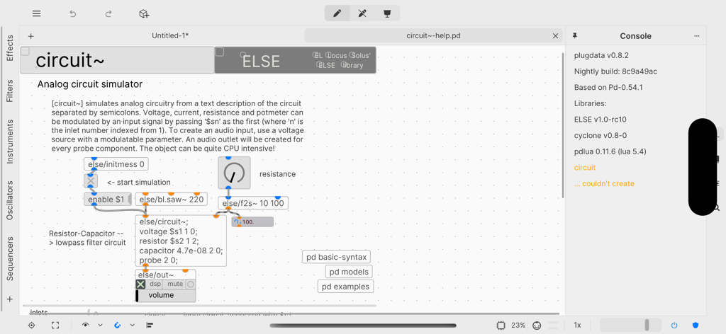 plugdata - Plugdata visual programming interface showing an audio patch for a circuit simulator
