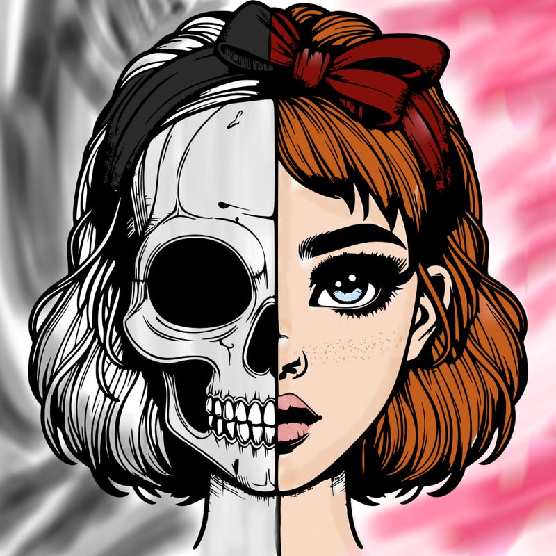 realistic girl with half skull mask