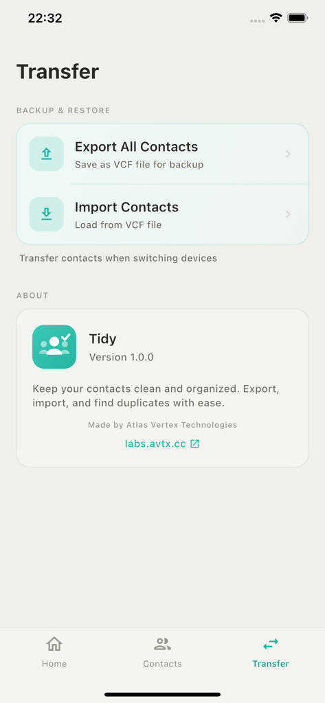 Tidy - Contacts Manager - The Transfer screen of the Tidy app displaying options to export and import contacts using VCF files for secure manual backup.