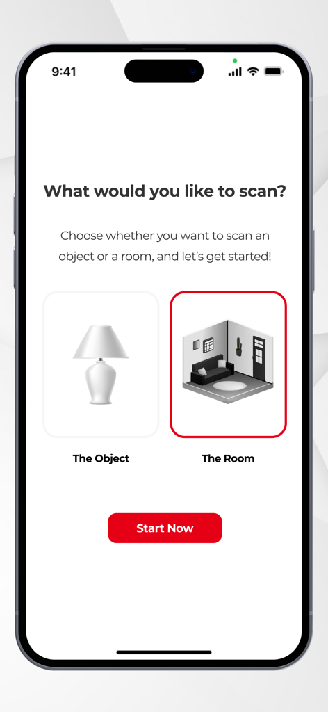 ARLOOPA 3D Object Scanner - Interface do aplicativo ARLOOPA 3D Object Scanner mostrando opções para escolher entre escaneamento de objetos e escaneamento de salas