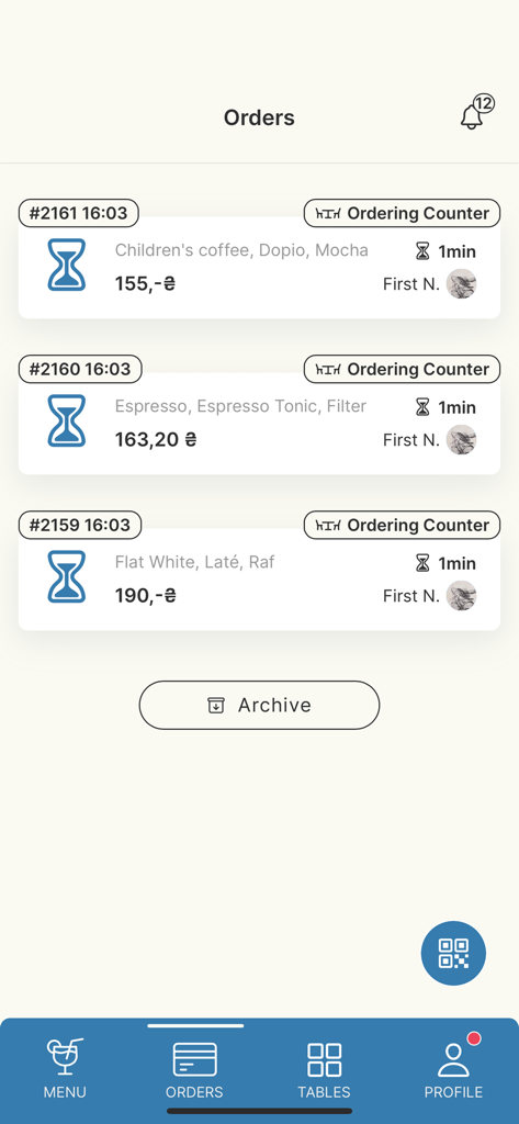 Mobile Cafe - A list of active customer beverage orders in the Mobile Cafe app interface for waiters.