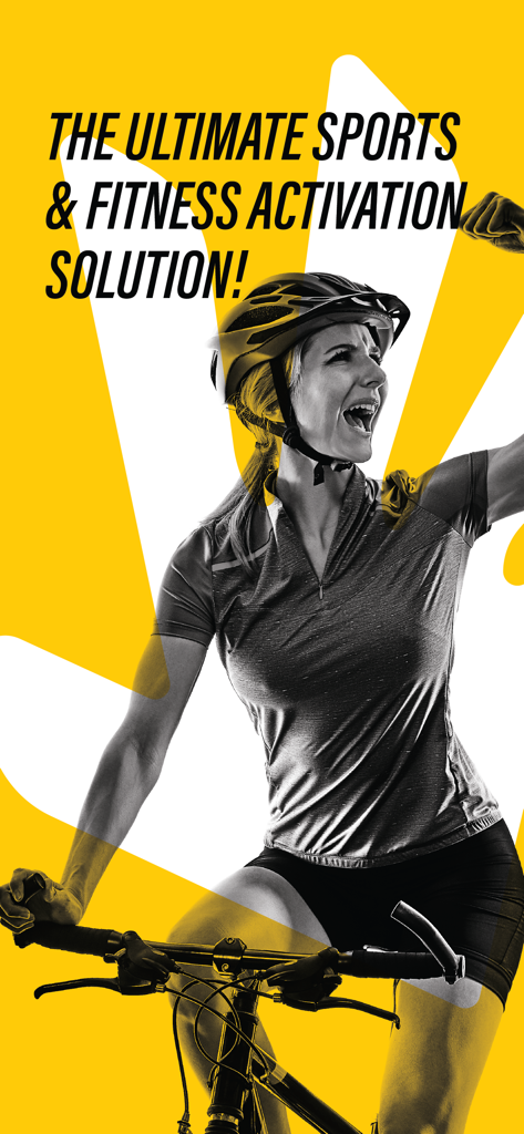 Ciclista feminina a celebrar numa bicicleta com o texto A Solução Definitiva de Ativação Desportiva e de Fitness