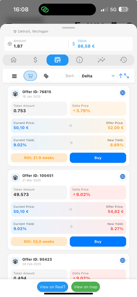 RealToken Asset Tracker - RealToken Asset Tracker marketplace screen showing property investment offers with yields and ROI