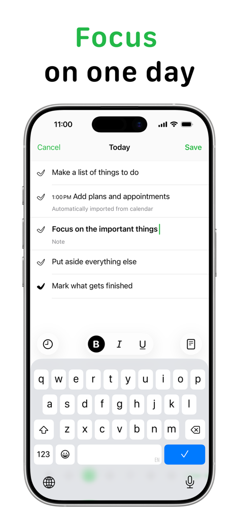 Today: To Do List - Iphone screen showing the Today app with a minimalist daily to-do list and task formatting options