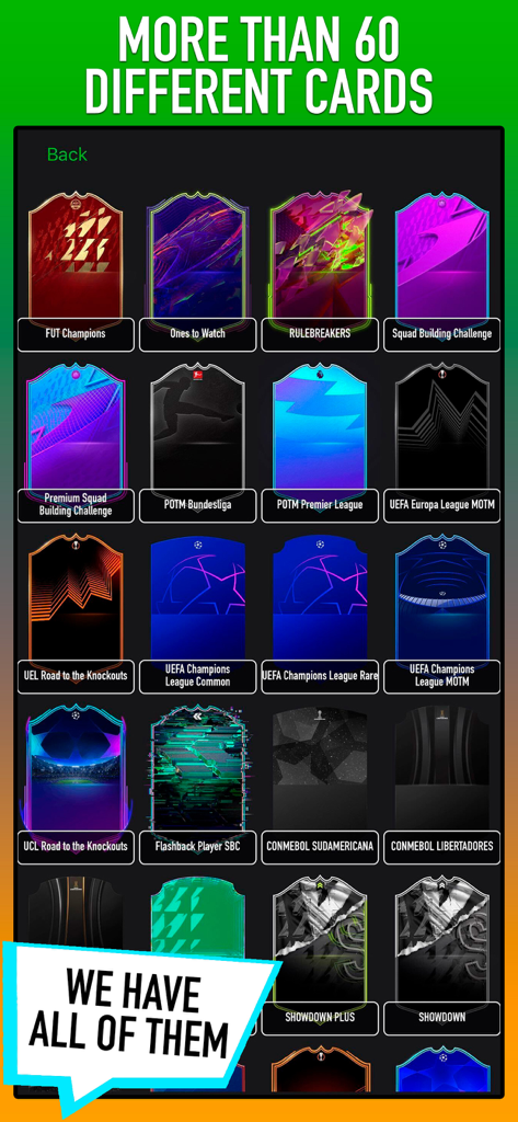 A menu showing a wide variety of soccer card designs for the card creator