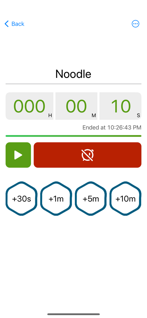 Multi Timer App-Bildschirm zeigt einen benutzerdefinierten Nudel-Timer, der auf 10 Sekunden eingestellt ist, mit Schnellauswahl-Schaltflächen