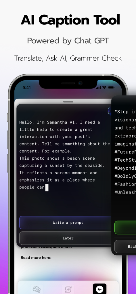 Smartphone screen showing the AI Caption Tool interface powered by ChatGPT for social media captions