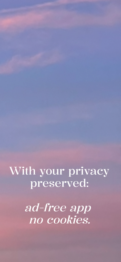 Fajr O'Clock - Alarm & Salat - A peaceful dawn sky background with text stating the app is ad free with no cookies and preserved privacy.