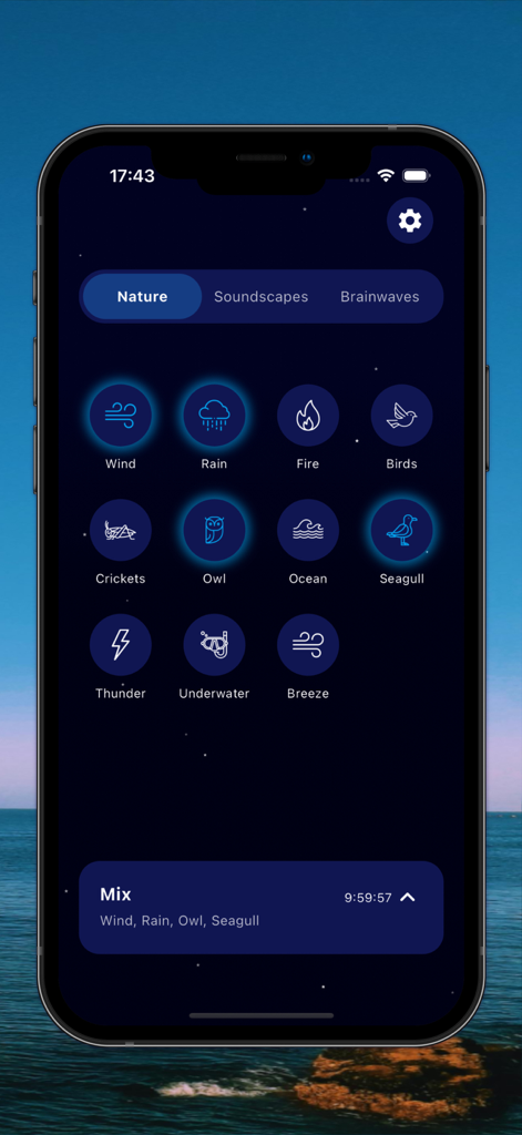 Placid: Focus, Sleep & Sounds - A mobile phone screen displaying the Placid app interface with icons for various nature sounds to create a custom audio mix.