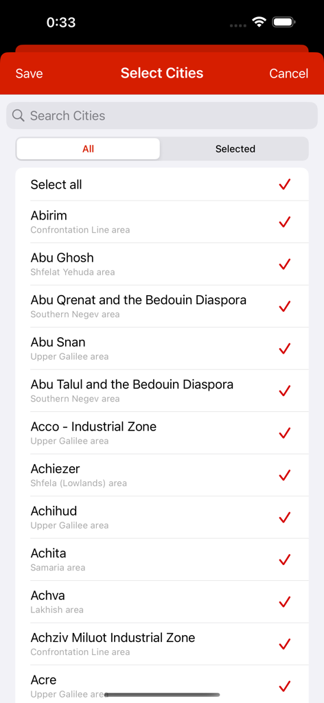 Tzofar - Red Alert - The city selection screen in the Tzofar app showing a list of Israeli locations with red checkmarks for alert notifications.