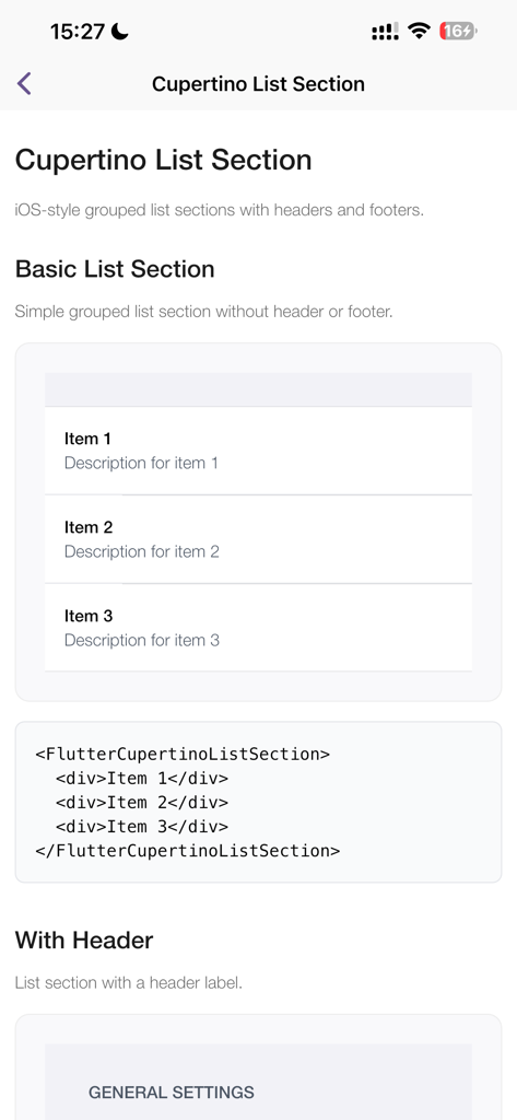 WebF Go app interface showing a Flutter Cupertino list rendered from HTML like code