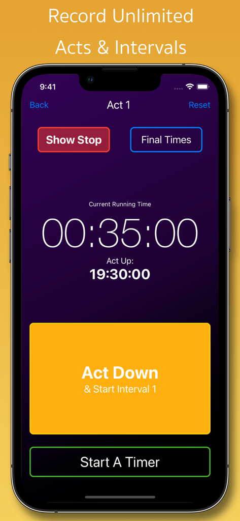 Interface de l'application Show StopWatch pour les régisseurs de scène suivant les temps d'actes et d'entractes