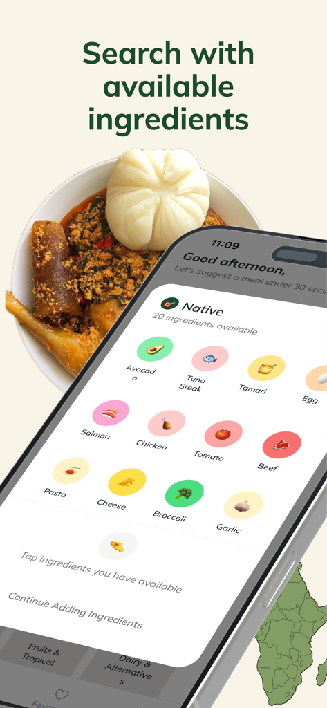 MealCondo app interface showing the ingredient-based search feature for Nigerian cooking