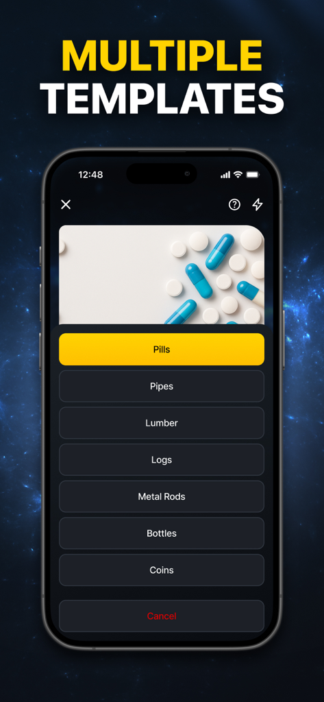 Mobile app screen showing a list of counting templates including pills pipes lumber and logs