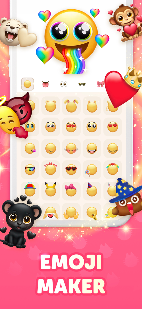 Emoji Maker: Emoji Up - Interface of the Emoji Maker app showing a colorful custom emoji creator with rainbow hearts and various facial feature options.