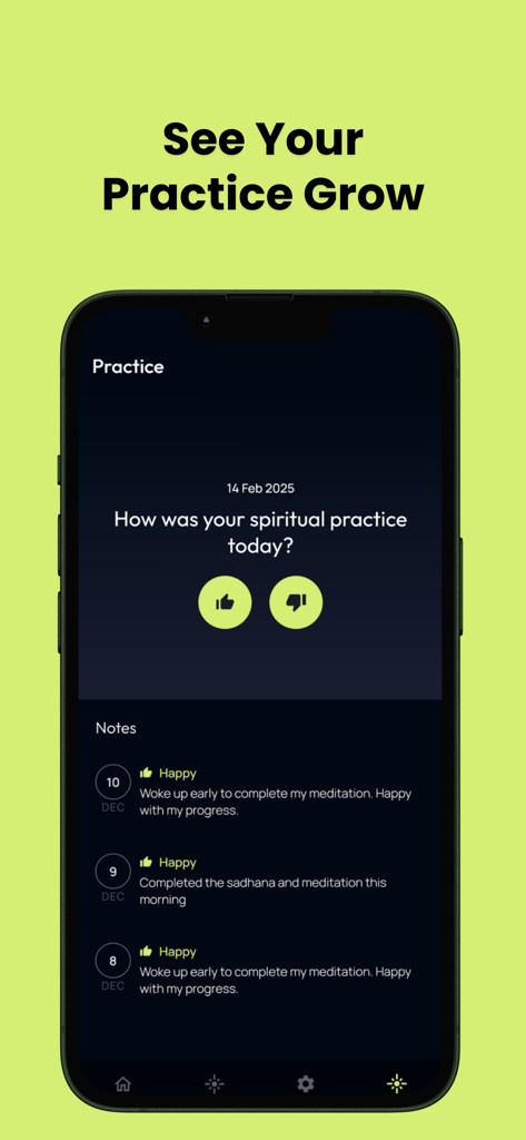 Interfaz de una aplicación móvil para realizar un seguimiento de las prácticas espirituales diarias y las notas de meditación
