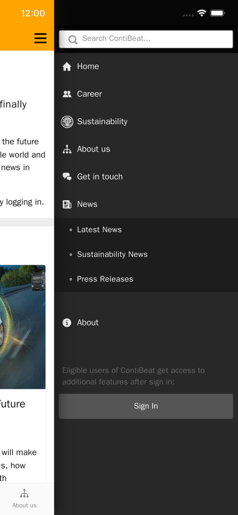 ContiBeat - Barra lateral de navegación de la aplicación ContiBeat con categorías de inicio, carrera, sostenibilidad y noticias